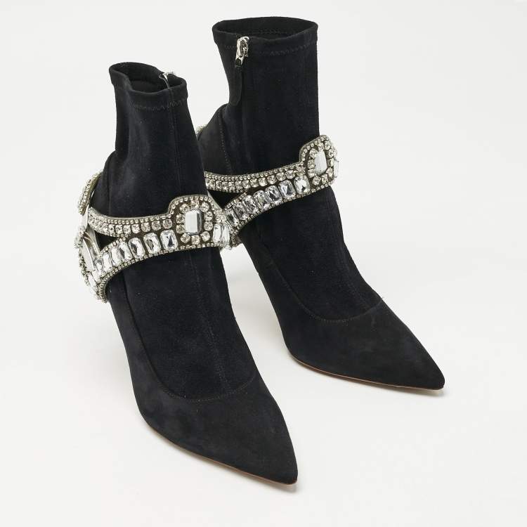 Pre Owned Sophia Webster Black Suede Stretch Crystal Embellished Ankle Boots Size 41