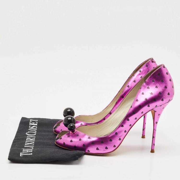 Pre Owned Sophia Webster Metallic Purple Heart Print Leather Loren Peep Toe Pumps Size 41