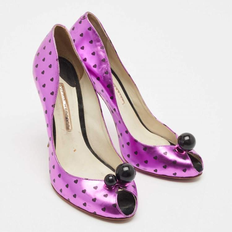 Pre Owned Sophia Webster Metallic Purple Heart Print Leather Loren Peep Toe Pumps Size 41