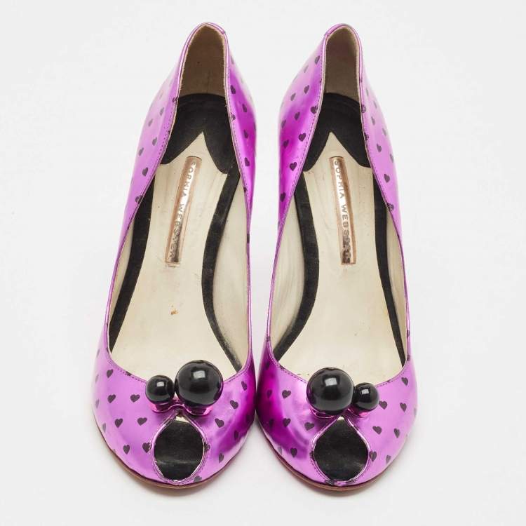 Pre Owned Sophia Webster Metallic Purple Heart Print Leather Loren Peep Toe Pumps Size 41