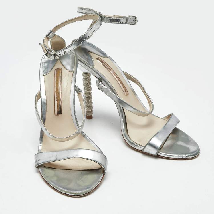 Pre Owned Sophia Webster Rose Silver Leather Rosalind Crystal Heel Ankle Strap Sandals Size 38.5