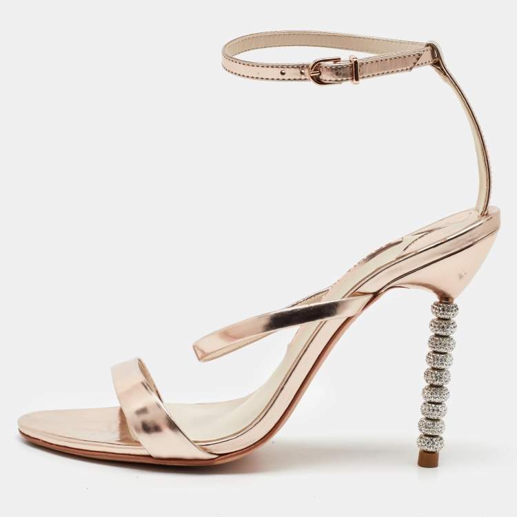 Pre Owned Sophia Webster Metallic Rose Gold Leather Rosalind Crystal Heel Ankle Strap Sandals Size 38