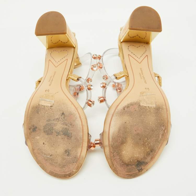 Pre Owned Sophia Webster Transparent/Gold PVC and Leather Crystal Studded Ankle Strap Sandals Size 38