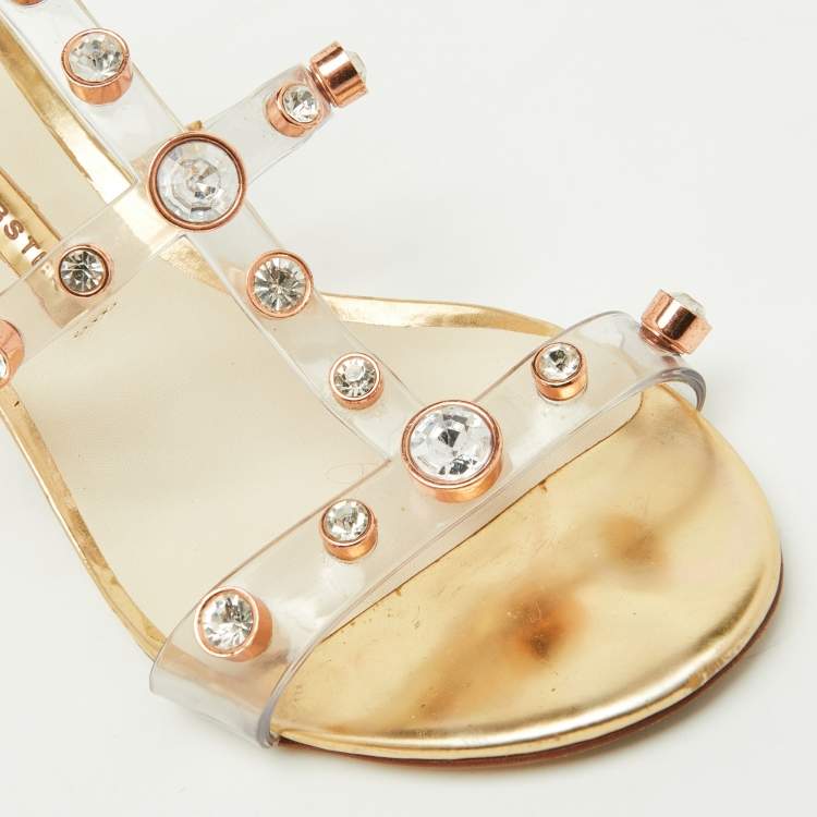 Pre Owned Sophia Webster Transparent/Gold PVC and Leather Crystal Studded Ankle Strap Sandals Size 38