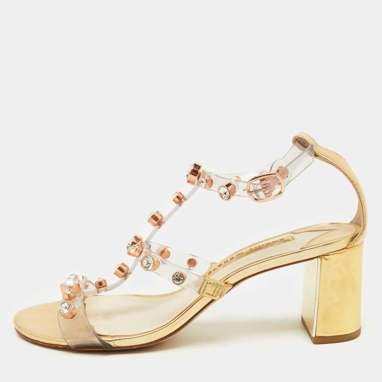 Pre Owned Sophia Webster Transparent/Gold PVC and Leather Crystal Studded Ankle Strap Sandals Size 38