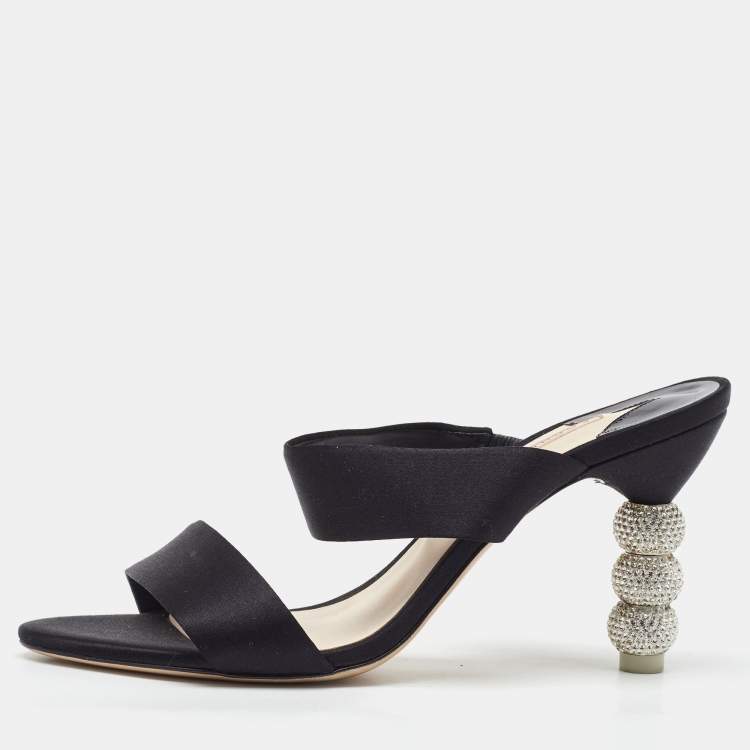 Pre Owned Sophia Webster Black Satin Crystal Embellished Heel Slide Sandals Size 38