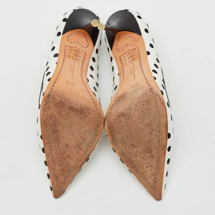 Pre Owned Sophia Webster White/Black Polka Dot Leather Pointed Toe Pumps Size 37.5