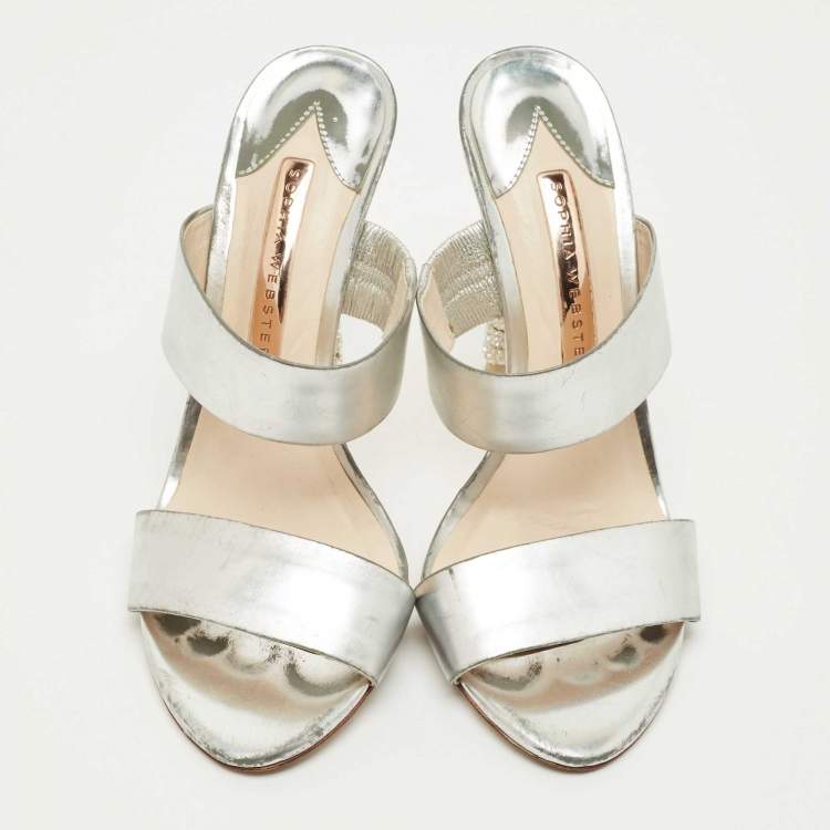 Pre Owned Sophia Webster Silver Foil Leather Crystal Embellished Heel Slide Sandals Size 37