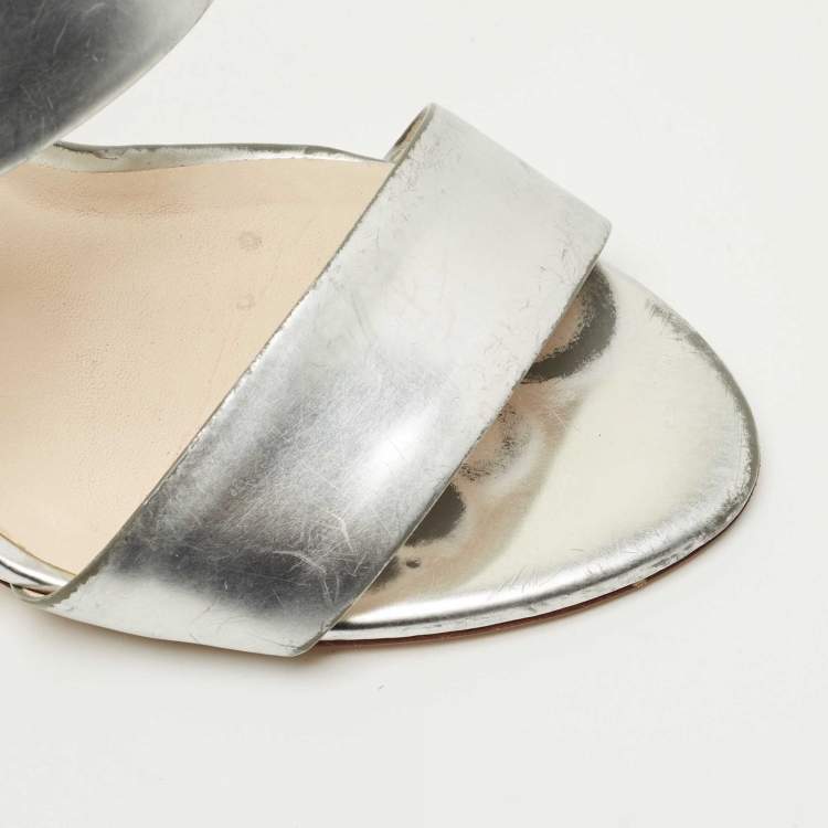 Pre Owned Sophia Webster Silver Foil Leather Crystal Embellished Heel Slide Sandals Size 37