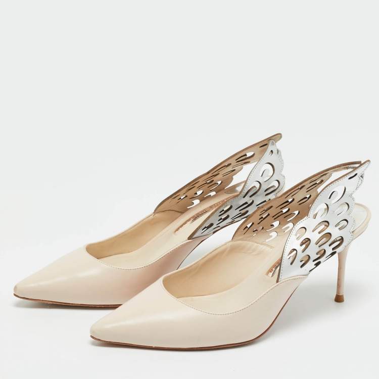 Pre Owned Sophia Webster Beige/Silver Leather Angelo Slingback Pumps 37.5