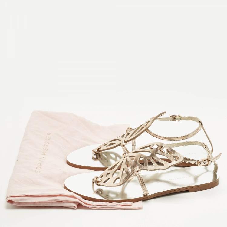 Pre Owned Sophia Webster Gold Leather Butterfly Ankle Strap Slingback Flats Size 39