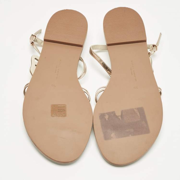 Pre Owned Sophia Webster Gold Leather Butterfly Ankle Strap Slingback Flats Size 39