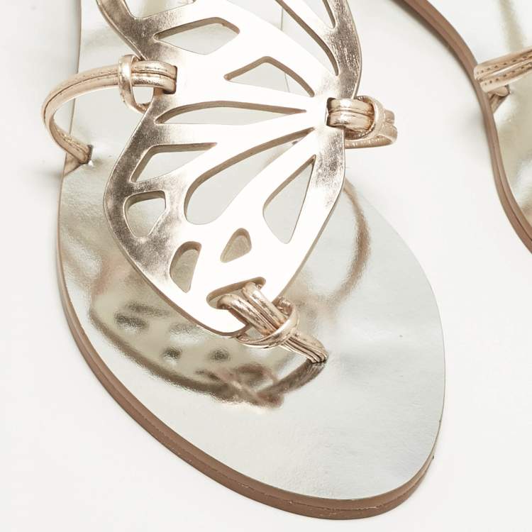 Pre Owned Sophia Webster Gold Leather Butterfly Ankle Strap Slingback Flats Size 39