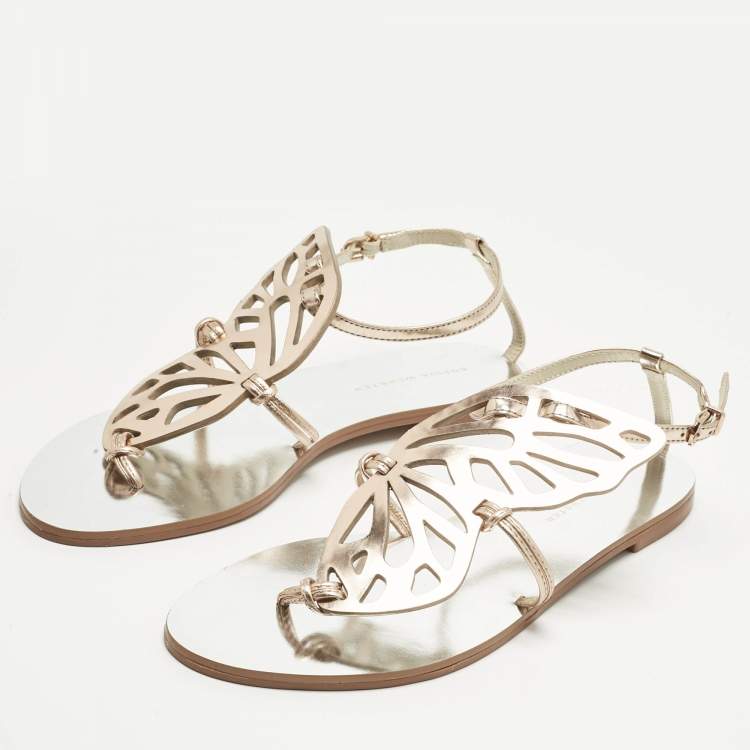 Pre Owned Sophia Webster Gold Leather Butterfly Ankle Strap Slingback Flats Size 39