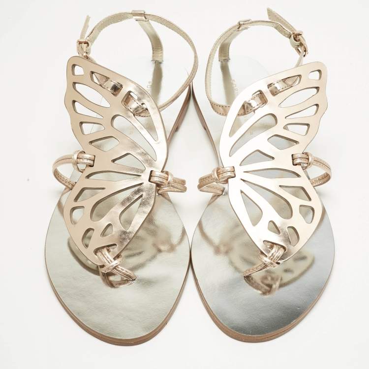 Pre Owned Sophia Webster Gold Leather Butterfly Ankle Strap Slingback Flats Size 39