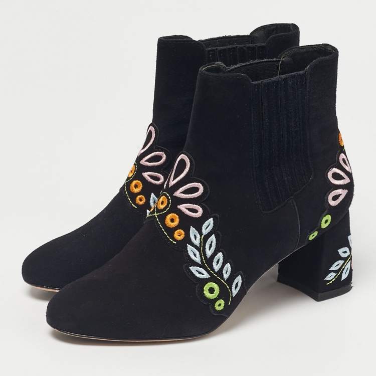 Pre Owned Sophia Webster Black Embroidered Suede Liliana Ankle Length Boots Size 37