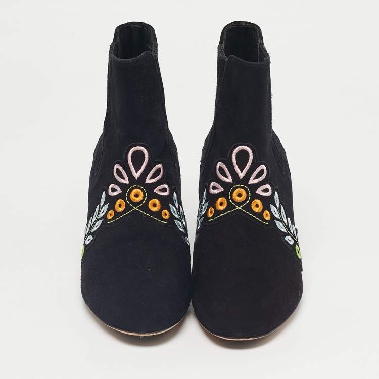 Pre Owned Sophia Webster Black Embroidered Suede Liliana Ankle Length Boots Size 37
