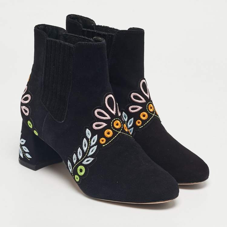 Pre Owned Sophia Webster Black Embroidered Suede Liliana Ankle Length Boots Size 37