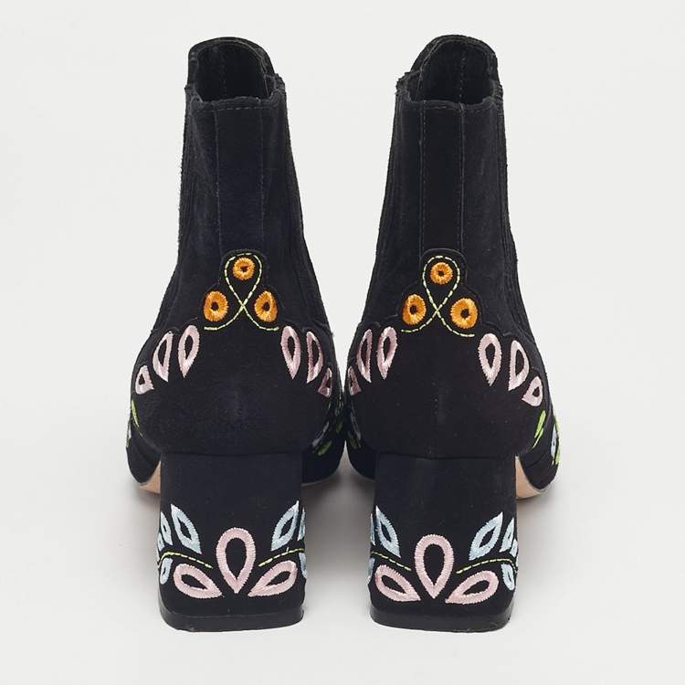 Pre Owned Sophia Webster Black Embroidered Suede Liliana Ankle Length Boots Size 37