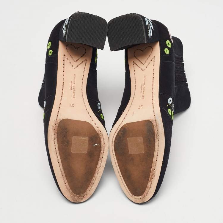 Pre Owned Sophia Webster Black Embroidered Suede Liliana Ankle Length Boots Size 37