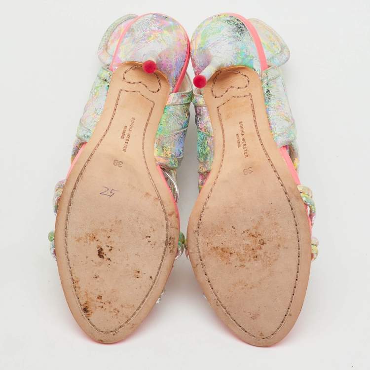 Pre Owned Sophia Webster Metallic Multicolour Leather Lacey Tie Up Sandals Size 38