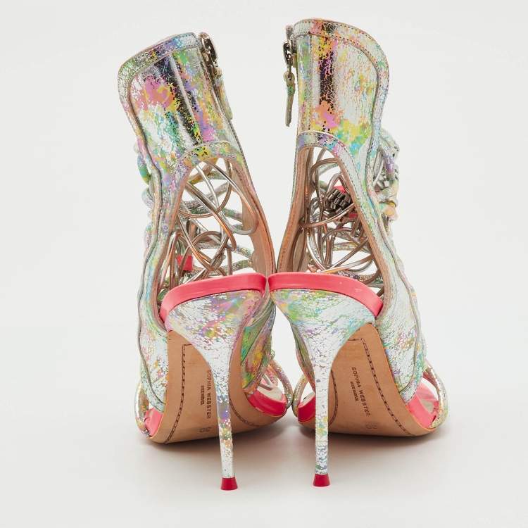 Pre Owned Sophia Webster Metallic Multicolour Leather Lacey Tie Up Sandals Size 38