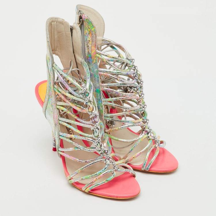 Pre Owned Sophia Webster Metallic Multicolour Leather Lacey Tie Up Sandals Size 38