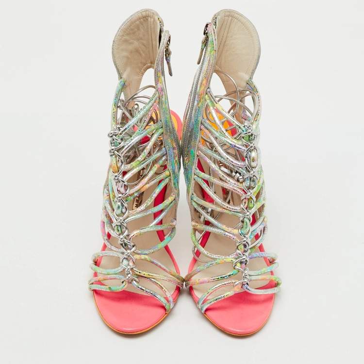Pre Owned Sophia Webster Metallic Multicolour Leather Lacey Tie Up Sandals Size 38