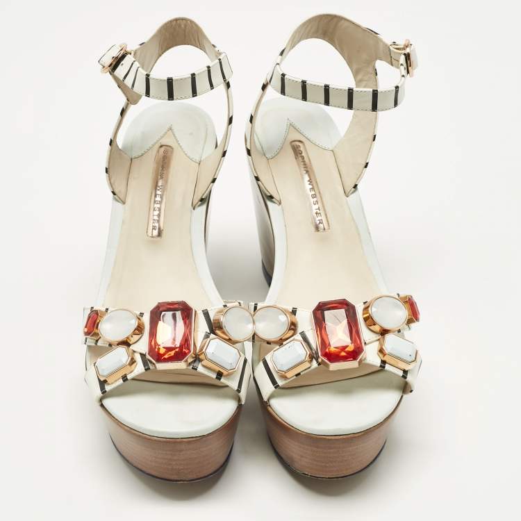 Pre Owned Sophia Webster White Leather Suki Gem Ankle Strap Wedge Sandals Size 40.5