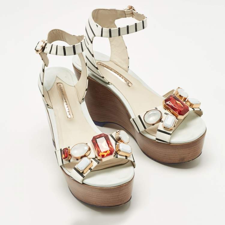 Pre Owned Sophia Webster White Leather Suki Gem Ankle Strap Wedge Sandals Size 40.5