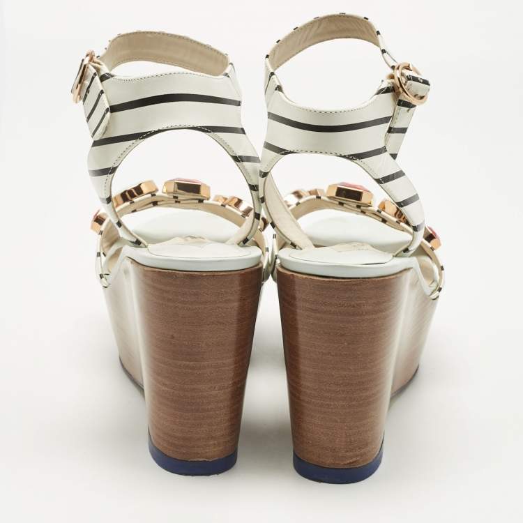 Pre Owned Sophia Webster White Leather Suki Gem Ankle Strap Wedge Sandals Size 40.5