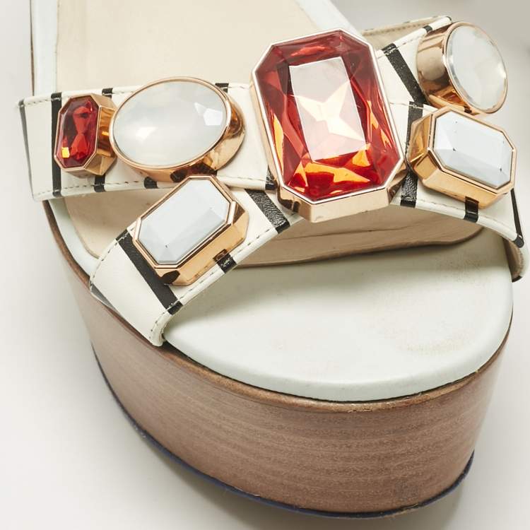 Pre Owned Sophia Webster White Leather Suki Gem Ankle Strap Wedge Sandals Size 40.5