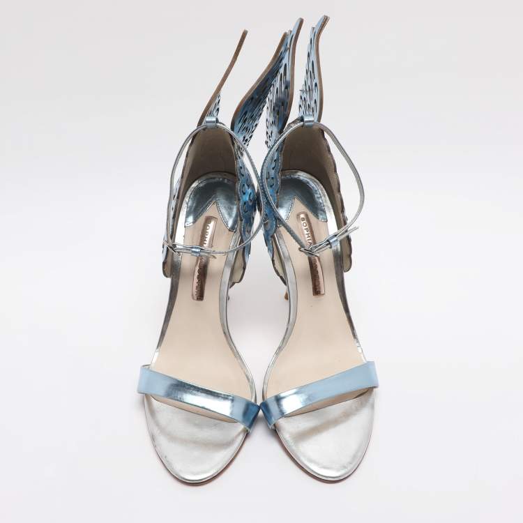 Pre Owned Sophia Webster Metallic Blue/Silver Leather Evangeline and Lurex Wings Open Toe Sandals Size 39.5
