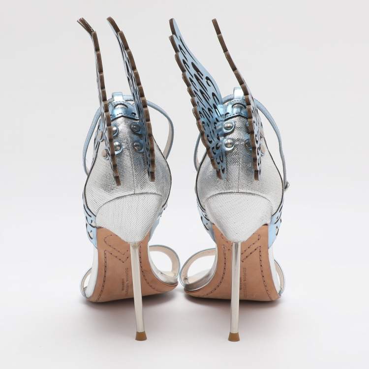 Pre Owned Sophia Webster Metallic Blue/Silver Leather Evangeline and Lurex Wings Open Toe Sandals Size 39.5