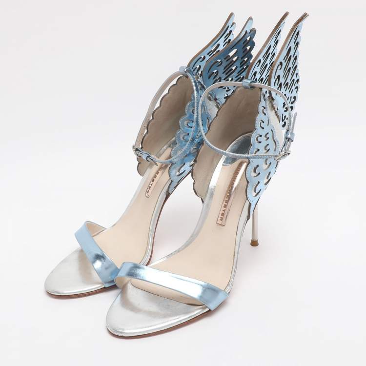 Pre Owned Sophia Webster Metallic Blue/Silver Leather Evangeline and Lurex Wings Open Toe Sandals Size 39.5