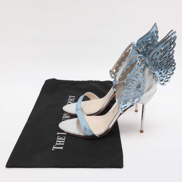 Pre Owned Sophia Webster Metallic Blue/Silver Leather Evangeline and Lurex Wings Open Toe Sandals Size 39.5