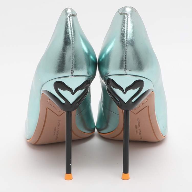 Pre Owned Sophia Webster Coco Flamingo Size 40.5 Metallic Green Leather Pumps