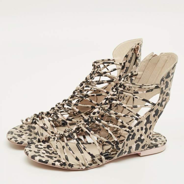 Pre Owned Sophia Webster Size 39 Multicolor Camo Print Leather Gladiator Flat Sandals 