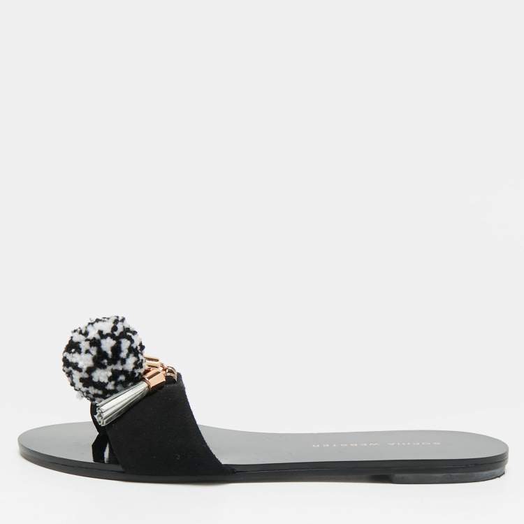 Pre Owned Sophia Webster Jada Size 35.5 Black Suede Pom Pom Flat Slide