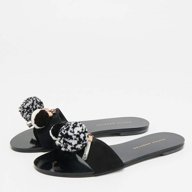Pre Owned Sophia Webster Jada Size 35.5 Black Suede Pom Pom Flat Slide