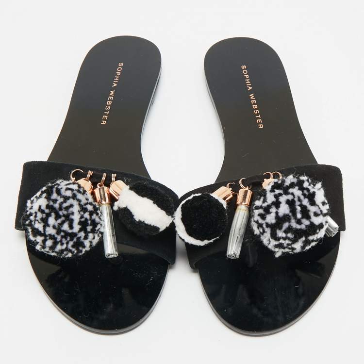 Pre Owned Sophia Webster Jada Size 35.5 Black Suede Pom Pom Flat Slide