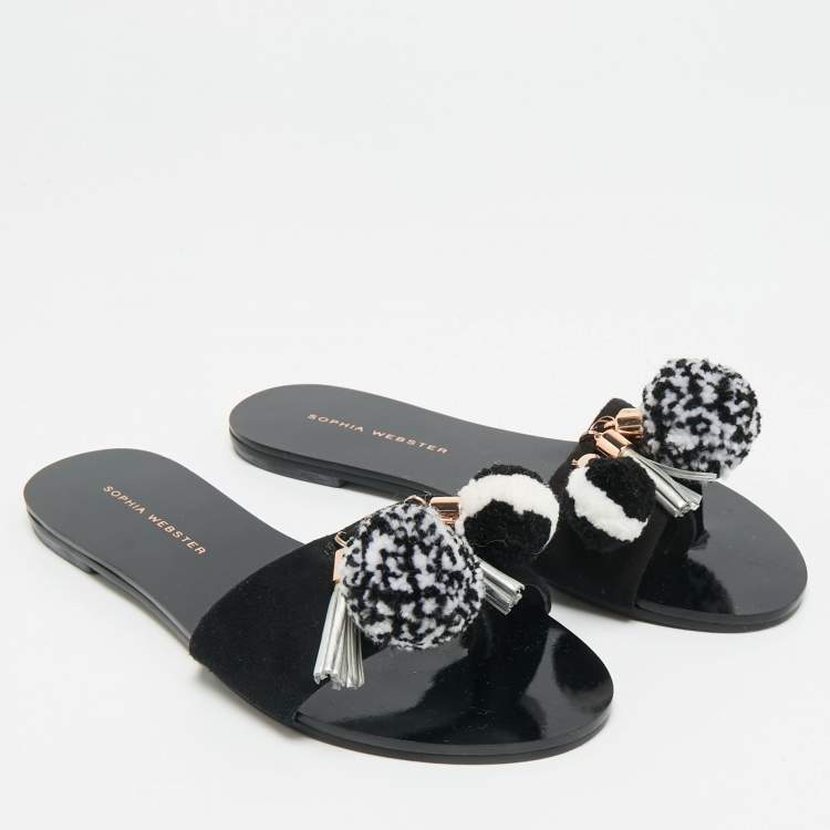 Pre Owned Sophia Webster Jada Size 35.5 Black Suede Pom Pom Flat Slide