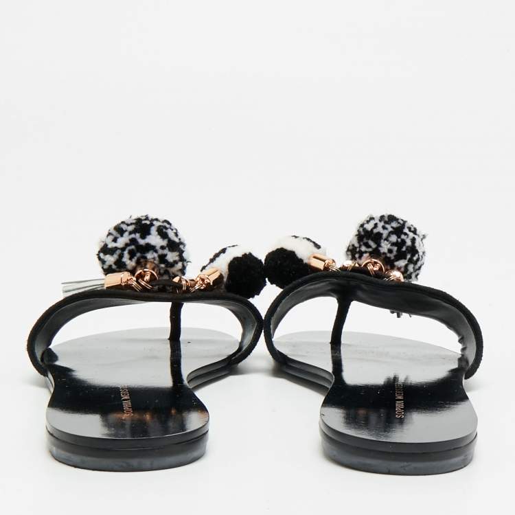 Pre Owned Sophia Webster Jada Size 35.5 Black Suede Pom Pom Flat Slide