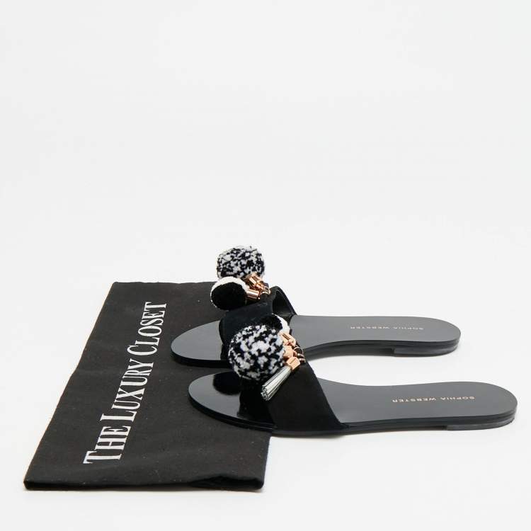 Pre Owned Sophia Webster Jada Size 35.5 Black Suede Pom Pom Flat Slide