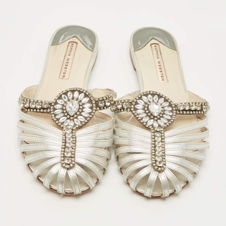 Pre Owned Sophia Webster Size 38 Silver Leather Crystal Embellished Flat Sandals