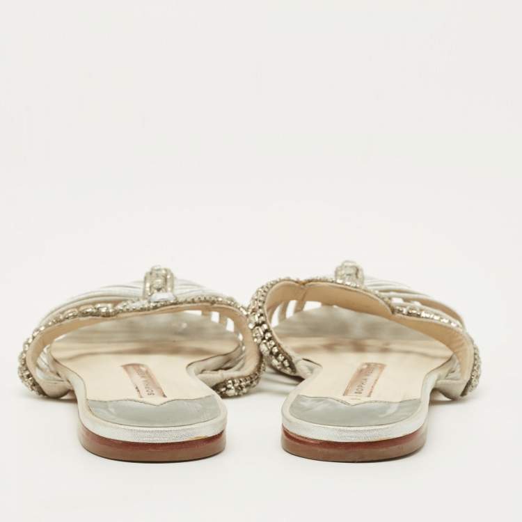 Pre Owned Sophia Webster Size 38 Silver Leather Crystal Embellished Flat Sandals