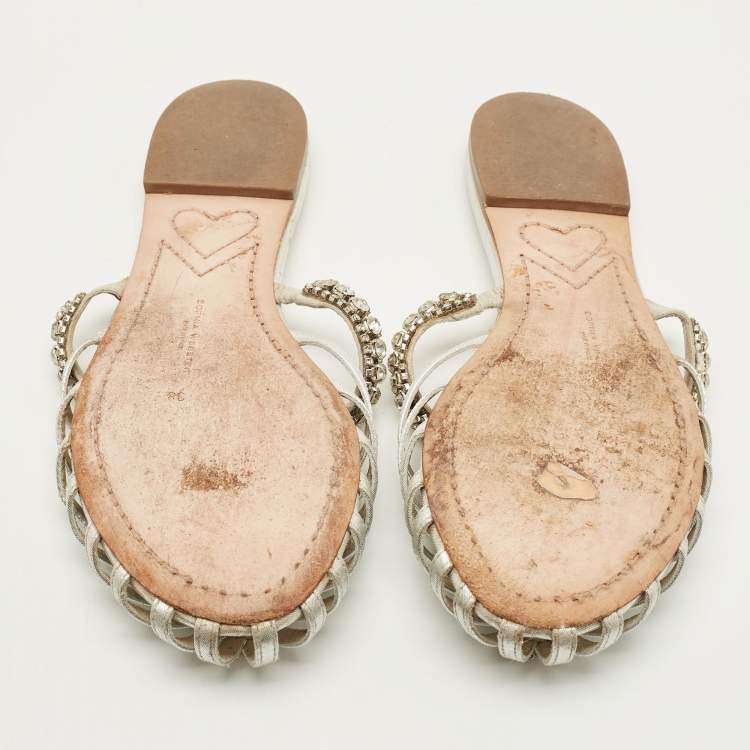 Pre Owned Sophia Webster Size 38 Silver Leather Crystal Embellished Flat Sandals