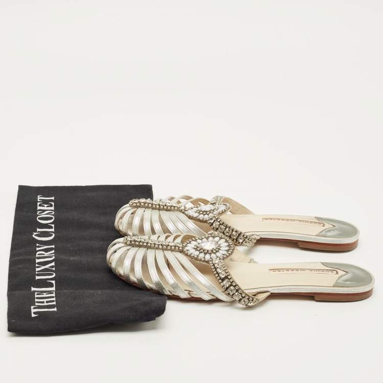 Pre Owned Sophia Webster Size 38 Silver Leather Crystal Embellished Flat Sandals