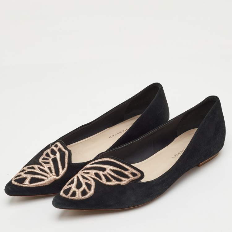 Pre Owned Sophia Webster Bibi Butterfly Size 38 Black Embroidered Suede Pointed Toe Ballet Flats
