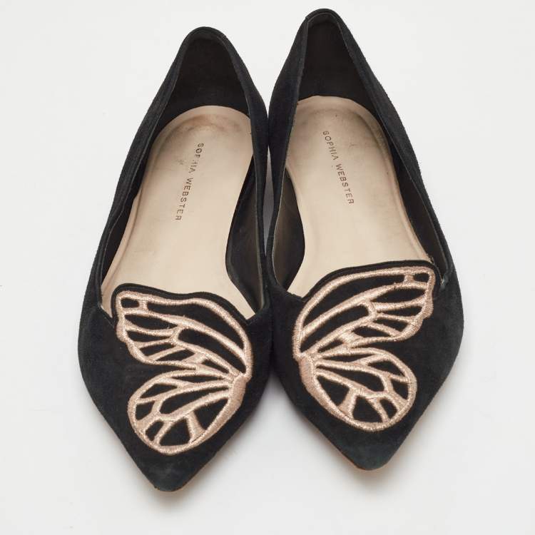 Pre Owned Sophia Webster Bibi Butterfly Size 38 Black Embroidered Suede Pointed Toe Ballet Flats